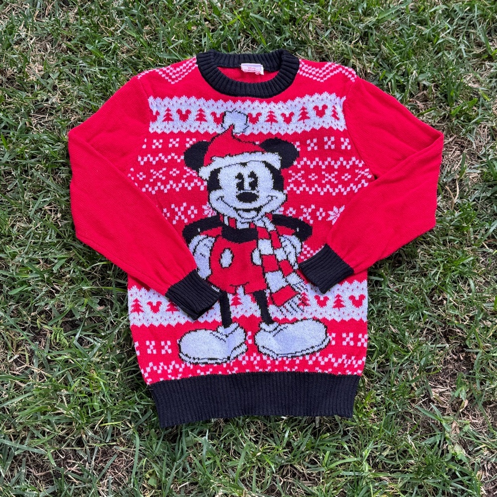 Disney Red and Black Crewneck Sweater with Mickey Mouse Design
